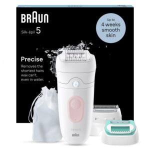 Epilator Braun Silk-épil 5 5-050 Wet & Dry, MicroGrip, Smart Light, 28 de pensete, 2 viteze, Cap de ras + Pieptene, Cap pentru incepatori, Saculet de voiaj, Roz
