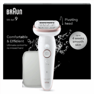 Epilator Braun Silk-épil 9 9-000 Wet & Dry, MicroGrip, Smart Light, 2 viteze, 40 pensete, Geanta de voiaj, Alb/Roz