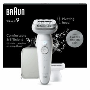 Epilator Braun Silk-épil 9 9-041 Wet & Dry, MicroGrip, Smart Light, 2 viteze, 40 pensete, Cap de ras + Pieptene, 1 capac, Geanta de voiaj, Alb/Argintiu
