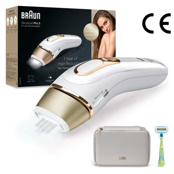 Epilator IPL Braun Silk-expert PRO 5 PL5052 Senzor automat & continuu Skin pro 2.0, 400.000 impulsuri, 10 niveluri de intensitate, 125 de impulsuri pe minut, Trusa de voiaj,...
