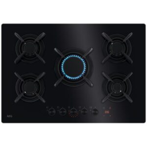 Plita incorporabila AEG HKB75453NB, 5 arzatoare, Aprindere electrica, Gratare fonta, Timer electronic, 75 cm, Negru