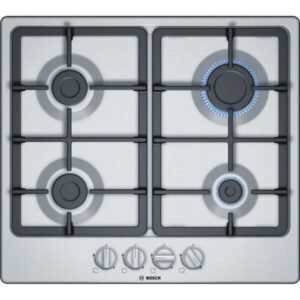 Plita incorporabila Bosch PGP6B5B90, Gaz, 4 Arzatoare, Aprindere electrica, Gratare Fonta, Siguranta arzatoare, Inox