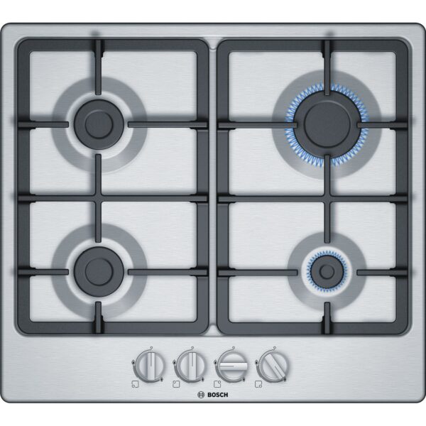 Plita incorporabila Bosch PGP6B5B90, Gaz, 4 Arzatoare, Aprindere electrica, Gratare Fonta, Siguranta arzatoare, Inox
