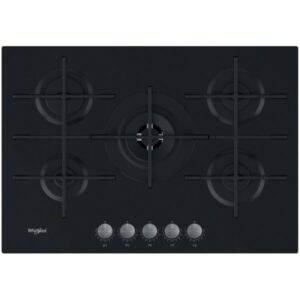 Plita incorporabila Whirlpool GOWL728NB, Gaz, 5 arzatoare, Gratare fonta, MultiStep, 73 cm, Negru